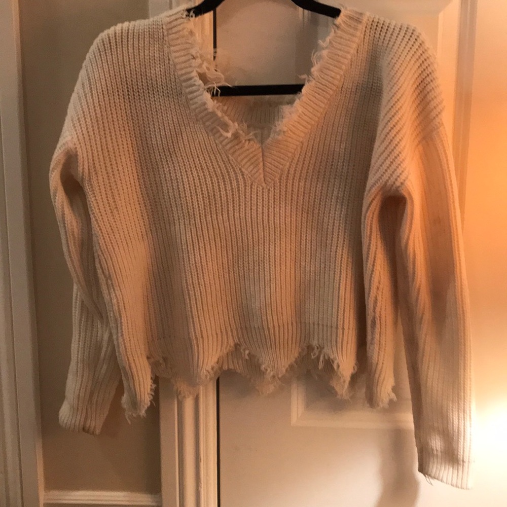 Cropped white distressed sweater